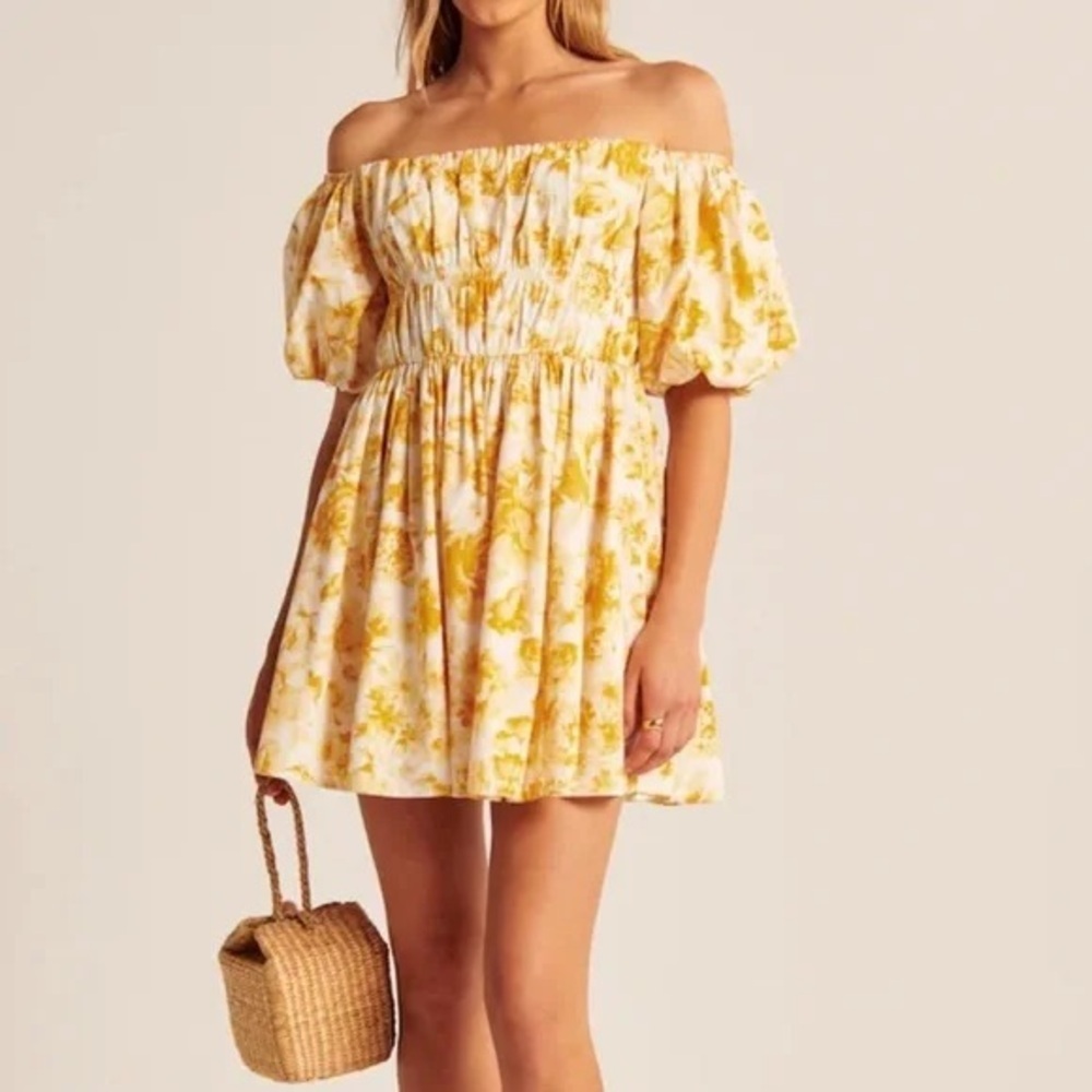 Abercrombie & Fitch Yellow Floral Mini Dress off the Shoulder with Puff sleeves